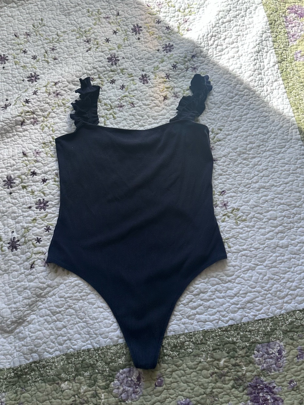 Aritzia Navy Ruffle-Shoulder One-Piece Bodysuit